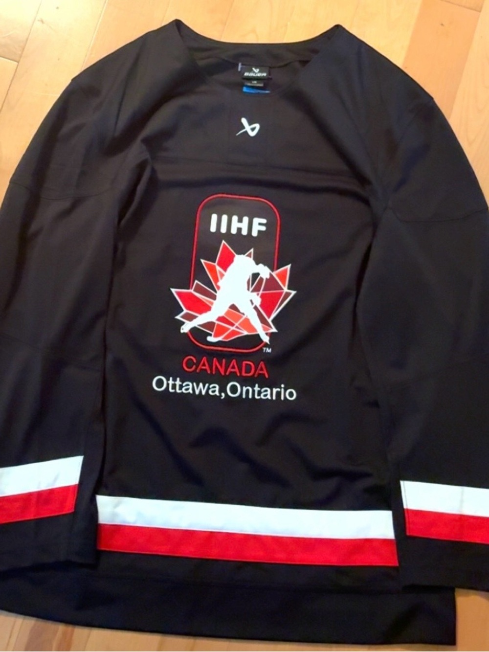 Bauer Black Canada IIHF Ottawa Ontario Hockey Jersey with Red & White Accents